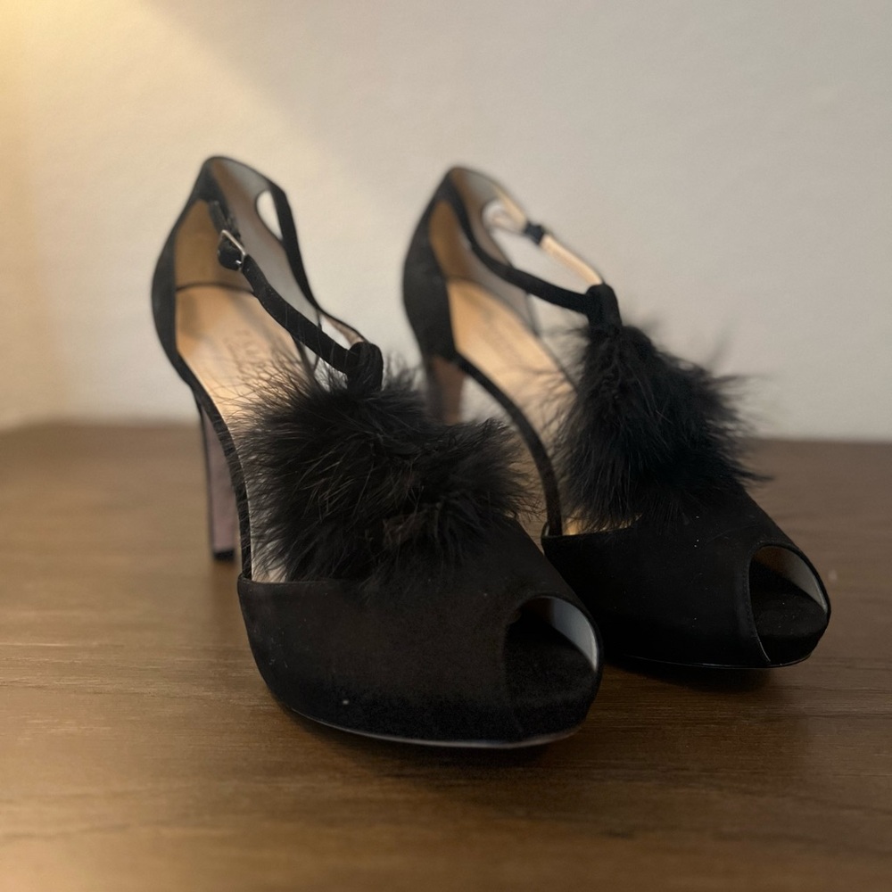 Talbots Black Peep-Toe Heels with Fur Detail